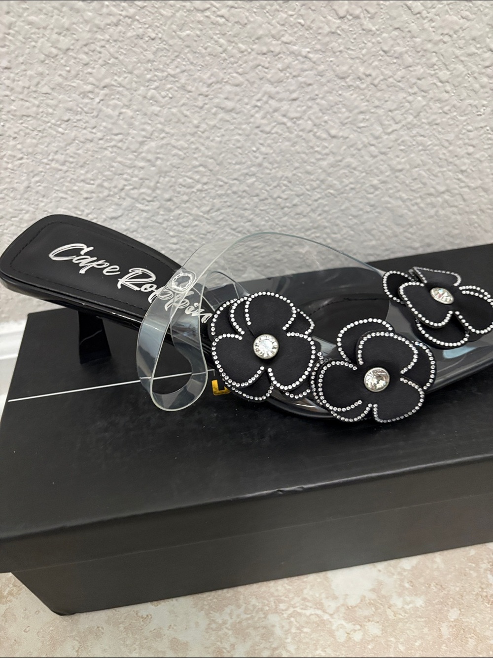 Floral Gem Slide Sandals with Clear Strap